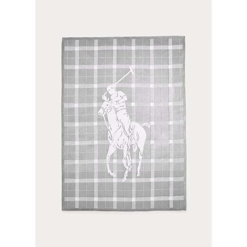 New Polo Ralph Lauren Home Oakwood Throw Grey Ivory Plaid Pony Blanket 50 X 70